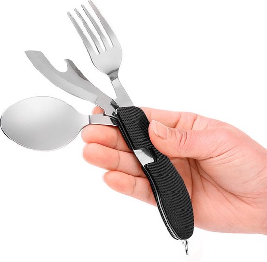 Camping Servies - Opvouwbaar Servies - Mes/Lepel/Vork - Camping Bestek - Bestekset - Combinatie Servies - Draagbaar - Camping - Camping Gadget - Zakmes - Zwart/Zilver