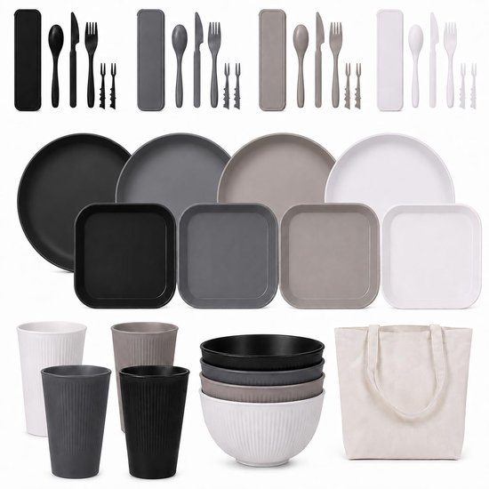 Camping Servies Set 41-delig Herbruikbaar Plastic Tafelgerei voor 4 met Borden, Kommen, Bekers, Bijgerechten, Bestek, Fruitvorken en Witte Canvas Tas voor Picknick, BBQ, Outdoor Reizen