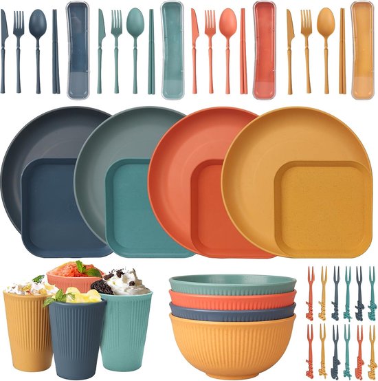 Camping Servies Set 48-Delig - Onbreekbaar en Herbruikbaar - Plastic Borden, Schalen, Bestek voor 4 Personen - Ideaal voor Picknick & BBQ - Kleurrijk & Lichtgewicht van Kastella