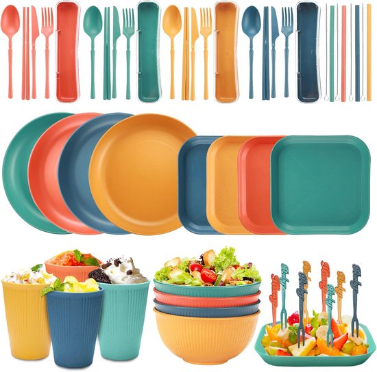 Camping Servies Set 56-Delig - herbruikbare & onbreekbare serviesset in 4 kleuren is geschikt voor familie-diners,picknick en kamperen en dagelijks gebruik van Merkloos