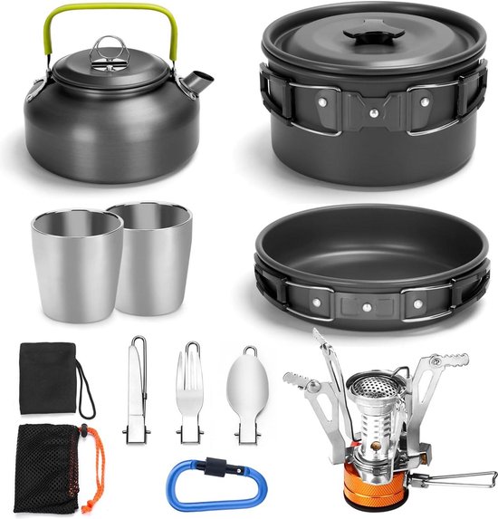 Camping servies set - camping kookset incl. potten en theepot - licht aluminium pannen set - opvouwbaar kookgerei van Camp