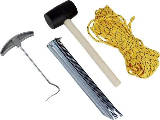 Camping set 9 delig - Hamer - Haringen - Touw - Haringtrekker - Kamperen - Camping - Metaal van Camp