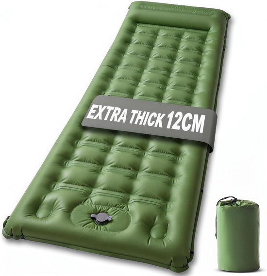 Camping Slaapmat - Groenachtig Grijs - 12 cm Dikke Zelfopblazende Matras met Voetpomp en Kussen - Voor Kamperen en Reizen
