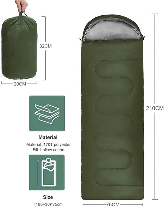 Camping Slaapzak - Outdoor Slaapzak - Kamperen en Reizen - Lichtgewicht Ontwerp - 75 x 210 cm - Groen