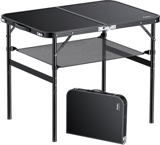 Camping Table Folding Aluminium 90 x 60 cm (L x W) with 2 Adjustable Heights Portable Picnic Table with Storage Net Garden Table Balcony Table Suitcase Table for Camping Beach Party (Black) van Campart