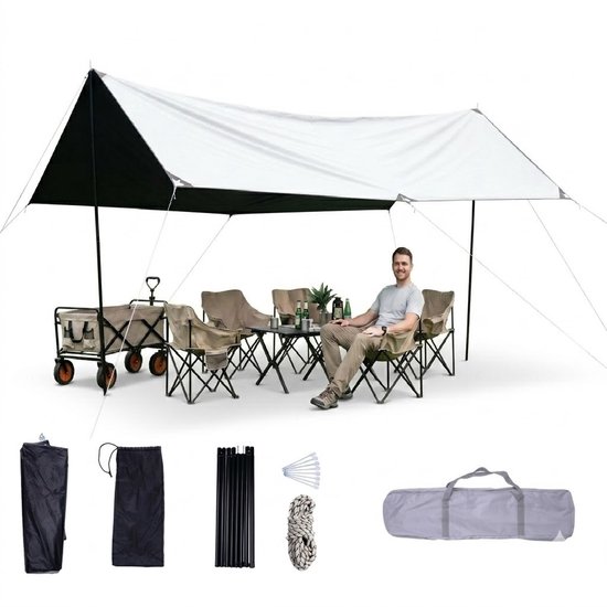 Camping Tarp met Stokken 3x5m – Waterdichte & UV Bestendige Luifel – Snel Op te Zetten Schaduwdoek voor Camping, Tuin & Strand