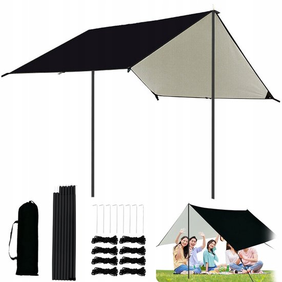 Camping Tarp - Zonneschermzeil - Schaduwdoek Luifel - 300x300 cm - 3-4 Personen - 210D Oxford - Waterdicht & Scheurvast - UV Beschermend & Zonwerend - met Metalen Palen & Haringen - Outdoor Tent - Voor Kamperen en Picknicken