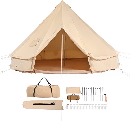 Camping Tent, 5x3 Meter TC Katoen - Met IJzeren Stangen en PVC Grondzeil - Familie Tent voor 8 Personen - Met 8 Ramen - Piramide Tent voor Outdoor Activiteiten van Merkloos