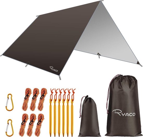 Camping tentzeil, 3 m x 3 m, waterdicht, voor hangmat, met 6 haringen en 6 touwen, anti-uv-regen, zonbescherming, licht, compact grondzeil, picknickdeken, hammock, voor buiten, camping, herbruikbaar van Camp