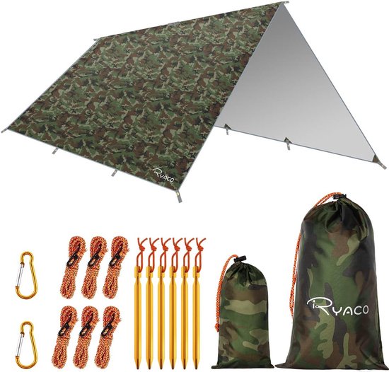 Camping tentzeil, 3 x 4 m, waterdicht, voor hangmat, met 6 haringen en 6 touwen, anti-uv-regen, zonbescherming, licht, compact grondzeil, picknickdeken, hammock, voor buiten, camping, herbruikbaar van Camp