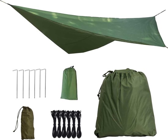 Camping Tentzeil Waterdicht 3 x 3 m, Tentzeil Schuilplaats, Zeil voor Hangmat Regenbescherming Zonbescherming, Ultralichte UV-bescherming Luifeltent met Ogen, Haringen en Touwen, voor Picknick Reizen (Groen) van Camp