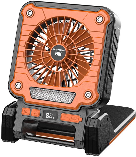 Camping Ventilator - Ventilator Camping met LED Lamp - Solar Campinglamp - Oplaadbaar via USB-C en Zonnepaneel - Opvouwbaar - Oranje