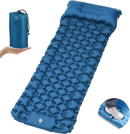 Camping zelfopblazende slaapmat, zelfopblazende slaapmat, strandmat, verdikte opblaasbare matras met voetperspomp, opvouwbare slaapmat voor wandelen, buiten, strand, blauw van Camp
