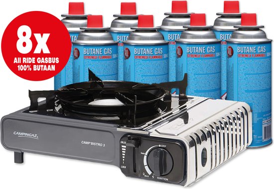 Campingaz - Camping kooktoestel - Draagbaar Gasfornuis – Noodpakket kookset - Incl. 8 All-Ride gasflessen-Bussen en koffer van Campingaz