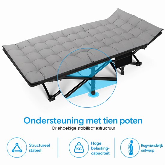 Campingbed inklapbaar met matras – 190x71x37 cm – Opvouwbaar veldbed - Logeerbed – Max 200 kg – Inclusief draagtas - Grijs van Merkloos