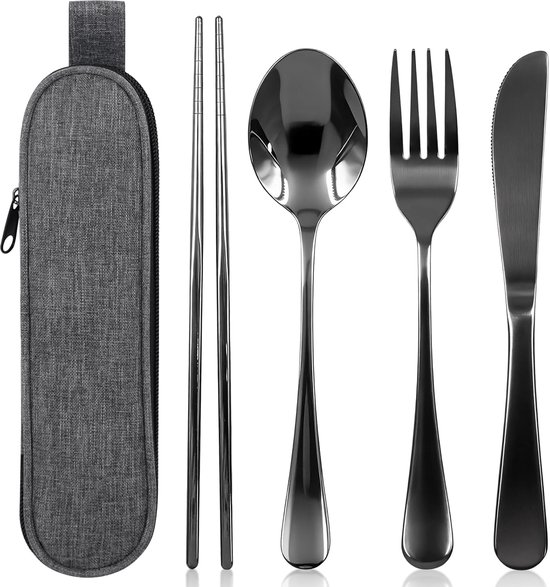 Campingbestek - Reisbestek Set - 5 stuks - met opbergtas - Eetgerei - Outdoor Camping Servies - voor outdoor, reizen, werk, school, reisgadgets, vaatwasbestendig - zwart van Merkloos