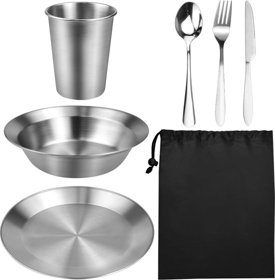 Campingbestek, set outdoor serviesset Bestek borden kopjes come camping picknick servies set roestvrij staal met tas mes vork lepel reistas voor kookgerei irriteren wanden van Camp