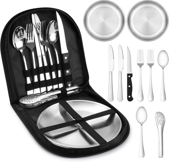 Campingbestekset - 10 Stuks - Draagbaar - Roestvrij Staal - Geschikt Voor Kamperen - Picknicken - Reizen - Geschikt Voor 2 Personen - 24*24*5CM