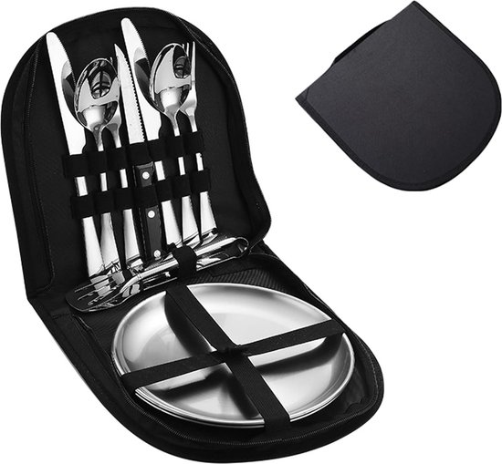 Campingbestekset, draagbaar, campingservies, roestvrij staal, 13-delige picknickset, roestvrij staal, outdoor serviesset voor outdoor, kookgerei, reizen, wandelen, kamperen, voor 2 personen van Bo-Camp
