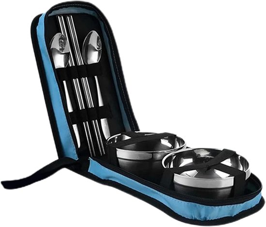 Campingbestekset - Servies voor buiten - Outdoor maaltijden - Roestvrijstalen kwaliteit - Voor 2 personen - Blauw