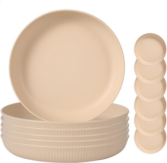 Campingborden - Diepe Picknickborden Set 6 - Onbreekbaar PP Kunststof - Magnetron en Vaatwasser Bestendig - Voor Buiten en Thuis Gebruik - Lichtbeige