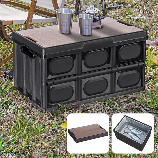 Campingbox, campingtafel, klaptafel, campingaccessoires, kofferbak, organizer, auto, vouwbox, opvouwbaar, stabiel, stapelboxen, plastic box met deksel met kofferbaktas, koeltas, groot, 55 l, zwart van Merkloos