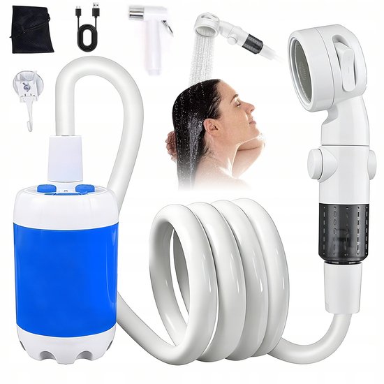 Campingdouche - Draagbare Elektrische Douche - Dubbele waterstraal - Waterdicht en Lekvrij - 4000mAh - Blauw - 2m Slang & 60-70 Min Gebruik - Voor Strand & Kamperen van Merkloos