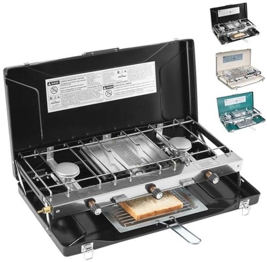 Campingfornuis 3 Branders 20400 BTU Propaan Kooktoestel, Draagbaar Kooktoestel met Regulator, Toast Plateau en Windscherm voor Buiten Koken en Barbecues van Merkloos