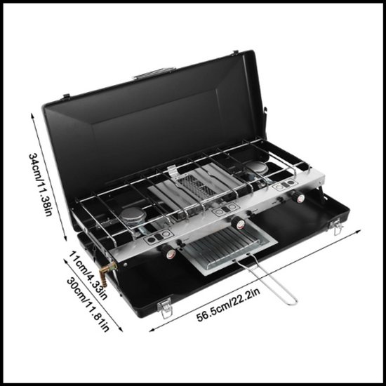 Campingfornuis 3-pits - Draagbare Propaan Gasbrander - 4,5 kW Totaal Vermogen - Piezo-ontsteking - Inclusief Grillrooster, Bakplaat & Windscherm - Outdoor BBQ, Camping, Picknick van Merkloos
