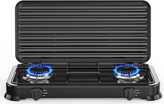 Campingfornuis Dubbelbrander - Gas Kooktoestel - Buiten Koken - Automatische Ontsteking - 58 x 28 cm - Zwart