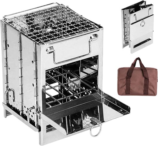 Campingfornuis Roestvrij Staal - Houtbrander Outdoor - Koken Buiten - Snelle Opwarming - 21x15x8 cm - Zilver