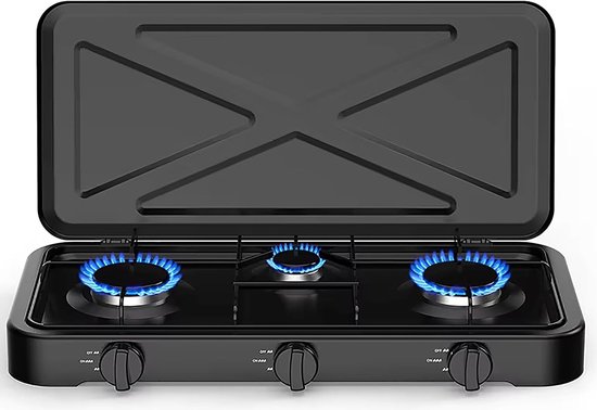 Campinggasfornuis 3 pits - Buiten koken - Kamperen en picknicken - Automatische ontsteking - 57.7 cm breed - Zwart