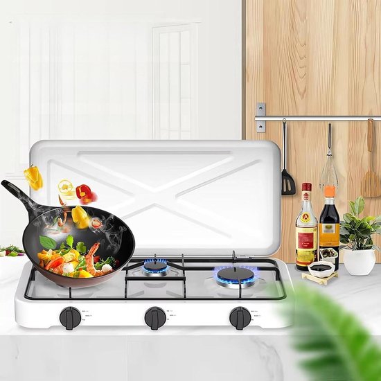 Campinggasfornuis 3 pits - Draagbaar fornuis - Buiten koken - Automatische ontsteking - 577*278*60mm - Zwart
