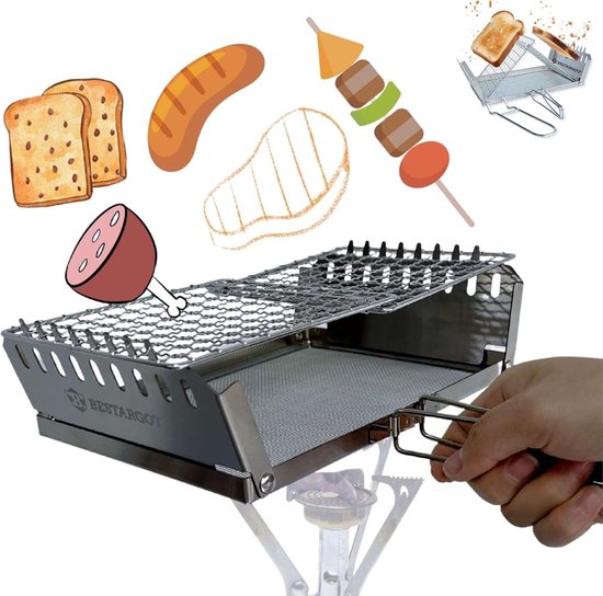 Campinggrill en Broodrooster voor Gasfornuis en Houtkachel - Draagbaar Roestvrij Stalen Kooktoestel voor Solo-Camping, Picknick en Vissen van Merkloos