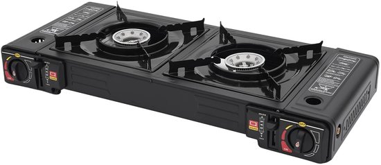 Campingkachel 2-Pits & Draagbare Gasbrander – Buitenkooktoestel – Zwart – Aluminium & IJzer – 63 x 26 x 12 cm – Inclusief Draagtas & Connector – 2500W Per Brander – Piëzo Ontsteking – Geschikt Voor Camping, BBQ & Picknick