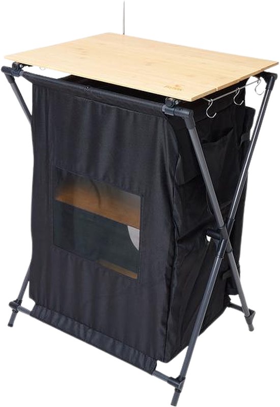 Campingkast - Campingtafel - Opvouwbaar - Zwart - Inclusief opbergtas - Bamboe werkblad - 60 x 46 x 85cm - van Camp