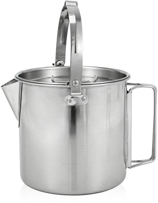 Campingketel - Waterfles voor buiten op de camping - Roestvrijstalen ketel - Draagbaar kookgerei - 1,2 liter - Met deksel - Met handvat - Met schaalverdeling - Gemakkelijk mee te nemen - Geschikt voor picknicks, wandelen, backpacken en meer - Zilver