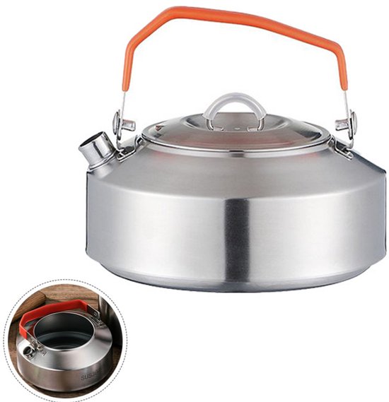 Campingketel - Waterkoker van roestvrij staal 304 - Theeketel voor buiten - Waterkoker voor op het fornuis - 1L - Met handvat - Geschikt voor het koken van water, het maken van koffie, het zetten van thee, het verwarmen van melk of koffie - Zilver
