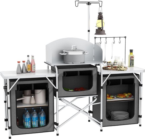 Campingkeuken Inklapbaar – Kampeerkeuken – Camping Keuken Slijtvastheid – Kampeer Keuken – Lichtgewicht - Campingkast Opvouwbaar – Windbescherming – 3 Werkplekken - Grijs