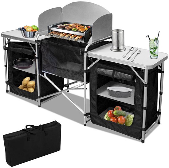 Campingkeuken inklapbaar met 3 werkbladen – 164,5 x 104 x 52 cm voor camping en tuin