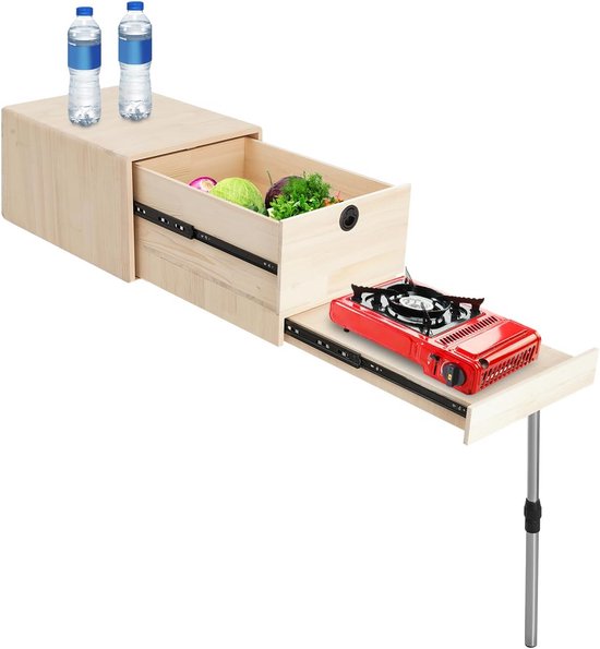 Campingkeuken Inklapbaar - Opbergbox Tafel - Buitenactiviteiten Kamperen - Verstelbare Steun - 60 X 45 X 35cm - Beige