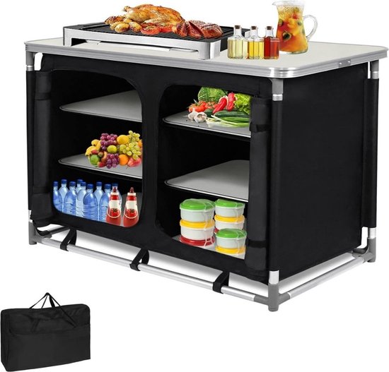 Campingkeuken - Kampeerkast – Kampeerkeuken Met Aluminium frame En Opbergtas - Camping Keuken Met Kooktafel – Campingkast Opvouwbaar – Keukenkastje – Keukenkast voor Camperen - Zwart