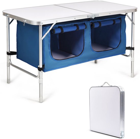 Campingkeuken - Kampeerkast - Opvouwbaar - Campingkast - Afsluitbare compartimenten - Stevige werkbladen - Wit + Donkerblauw van Merkloos