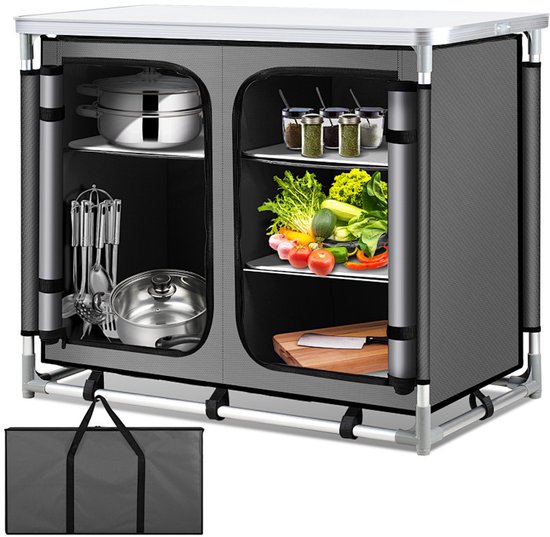 Campingkeuken met 5 opbergvakken en opbergtas – 97 x 50 x 78 cm voor koken op de camping van Merkloos