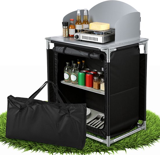 Campingkeuken met aluminium blad – 80 x 76 x 56 cm met windscherm voor barbecue en camping van Merkloos