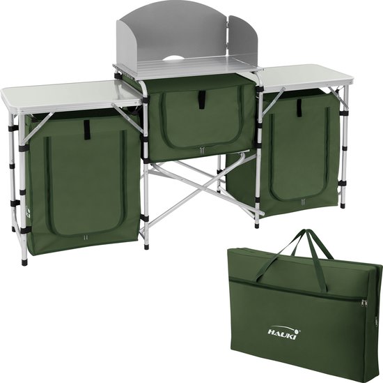 Campingkeuken opvouwbaar met draagtas Khaki gemaakt van aluminium incl. werkblad Hauki