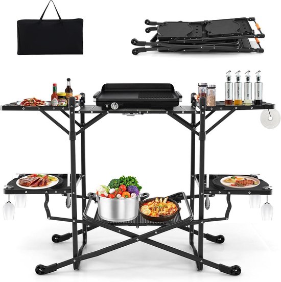 Campingkeuken - Opvouwbare tafel - Buiten koken - Met 4 zijtafels - 135 x 54 x 88 cm - Zwart