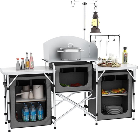 Campingkeuken - Outdoor keuken - Buiten koken - Inclusief lampstandaard - 172 cm breed - Grijs