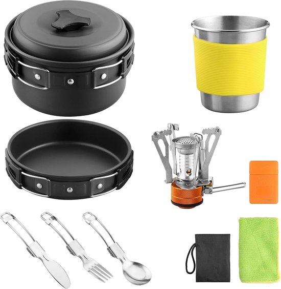 Campingkookgerei, set outdoor voor 1 persoon, campingservies, set met mini-kookpan en pan, opvouwbaar bestek, mini-campingkooktoestel, campingbeker, 12-in-1 draagbare kookpannenset van Camp