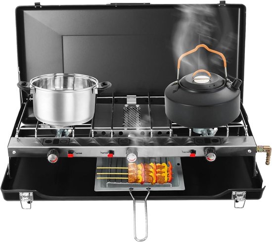 Campingkooktoestel 3 Vlammen - Draagbaar Gasfornuis - Buiten Koken - Inklapbaar Windscherm - 565 cm - Zwart